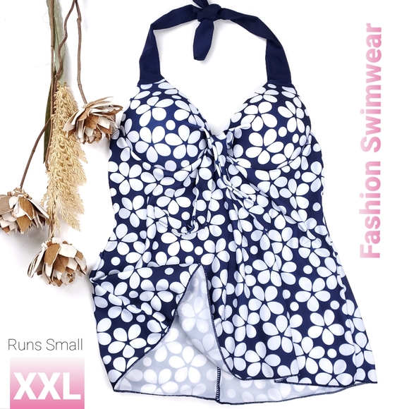 Fashion Swimwear Other - Fashion Swimwear Blue White Floral Halter Top XxL